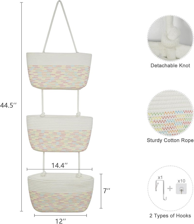 TeoKJ 3-Tier Woven Cotton Wall-Mounted Hanging Storage Baskets, Over the Door Organizer Bin for Kids Room, Bathroom, Bedroom, Kitchen, White & Rainbow Stitching - Image 2